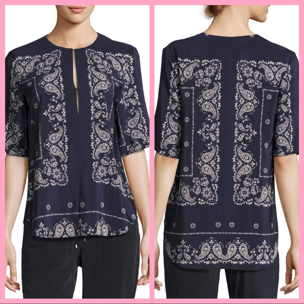 THEORY | “Antazie” Navy Silk Bandana Print Blouse
